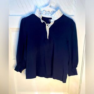Crown & Ivy Women’s Navy 3/4 Sleeve Blouse W White Ruffled Collar.  Size PL EUC